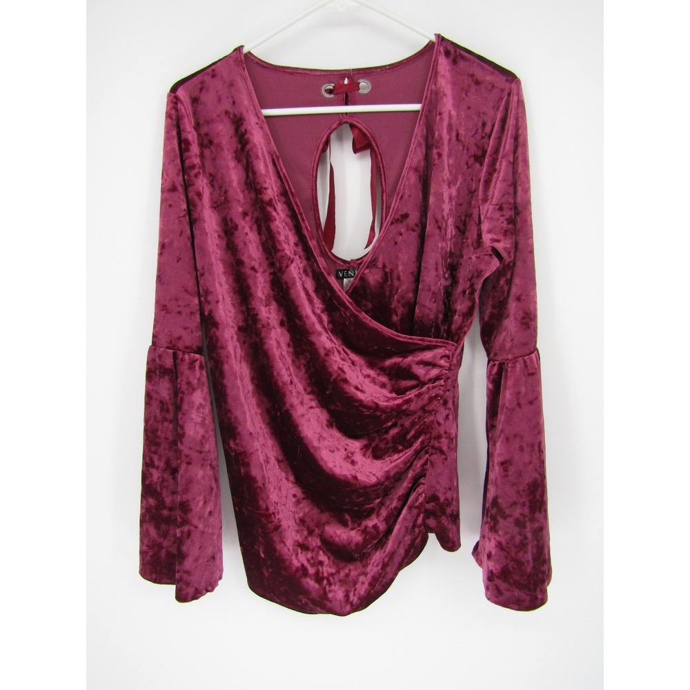 Venus Velvet Top Large Burgundy Crushed Bell Sleeve Surplice Ruched Wrap Festive - Picture 2 of 12